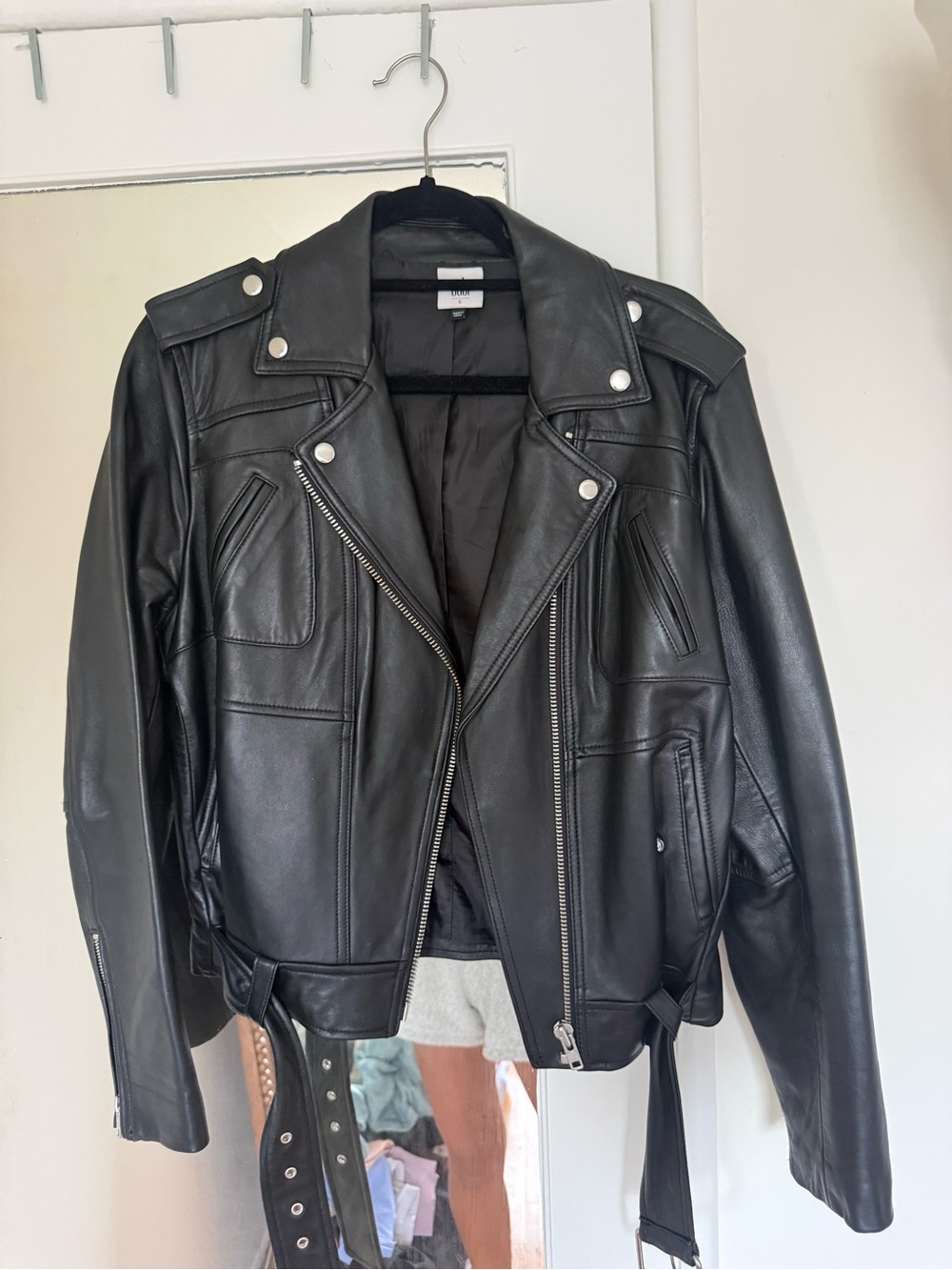 CAbi Black Leather Moto Jacket with Belt